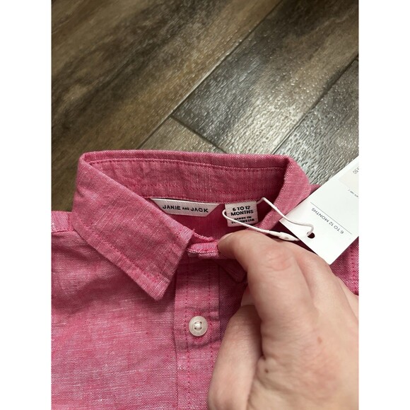 Janie and Jack Linen Blend Roll Cuff Shirt Red Preppy 6-12 Months New With Tags - Picture 2 of 4